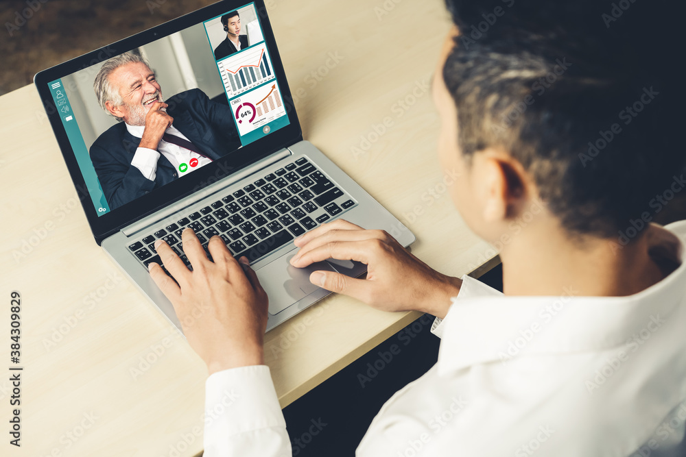 Video call business people meeting on virtual workplace or remote office. Telework conference call u