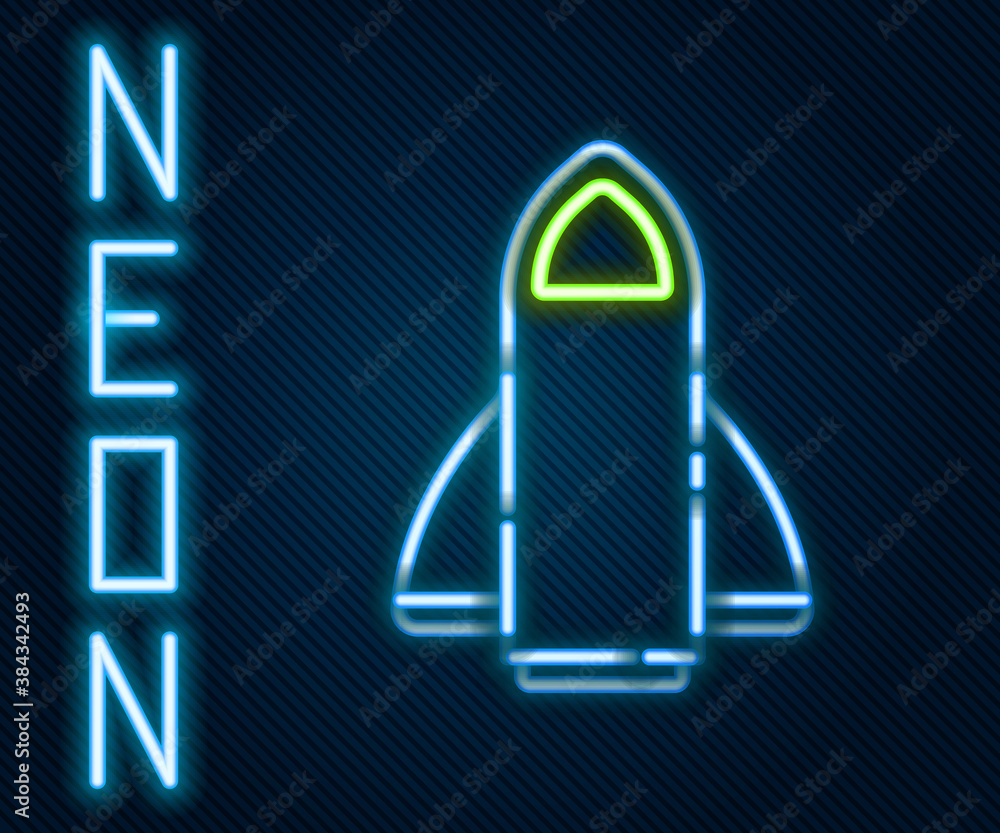 Glowing neon line Rocket ship icon isolated on black background. Space travel. Colorful outline conc