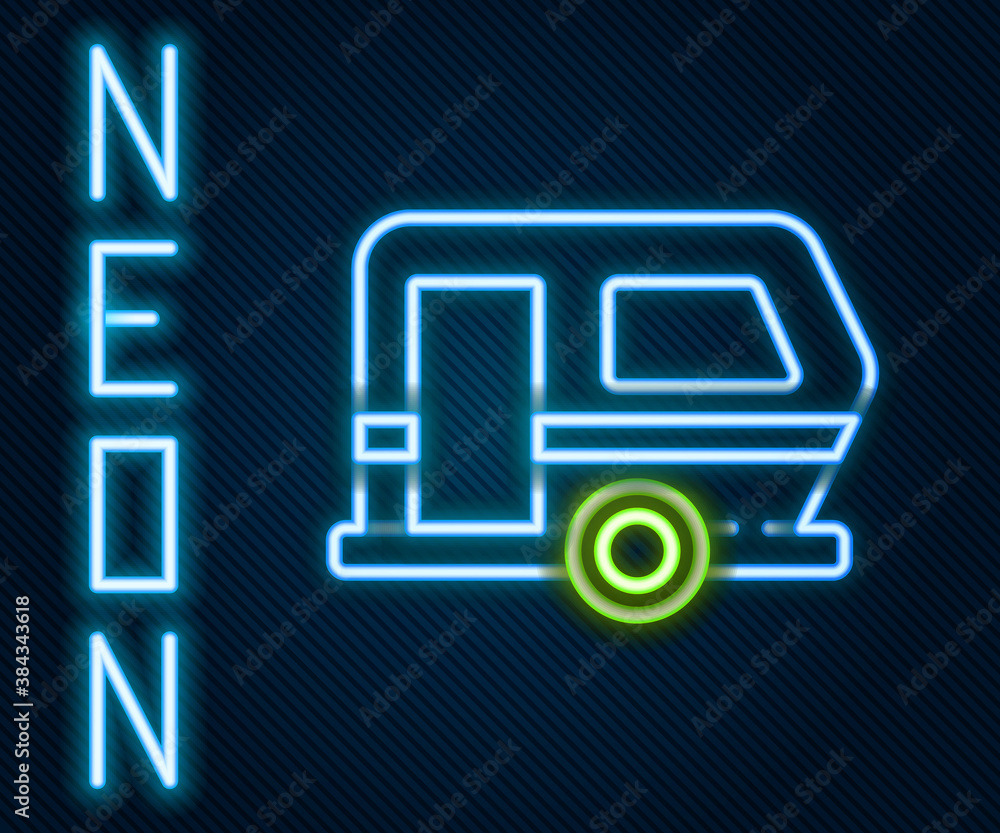 Glowing neon line Rv Camping trailer icon isolated on black background. Travel mobile home, caravan,