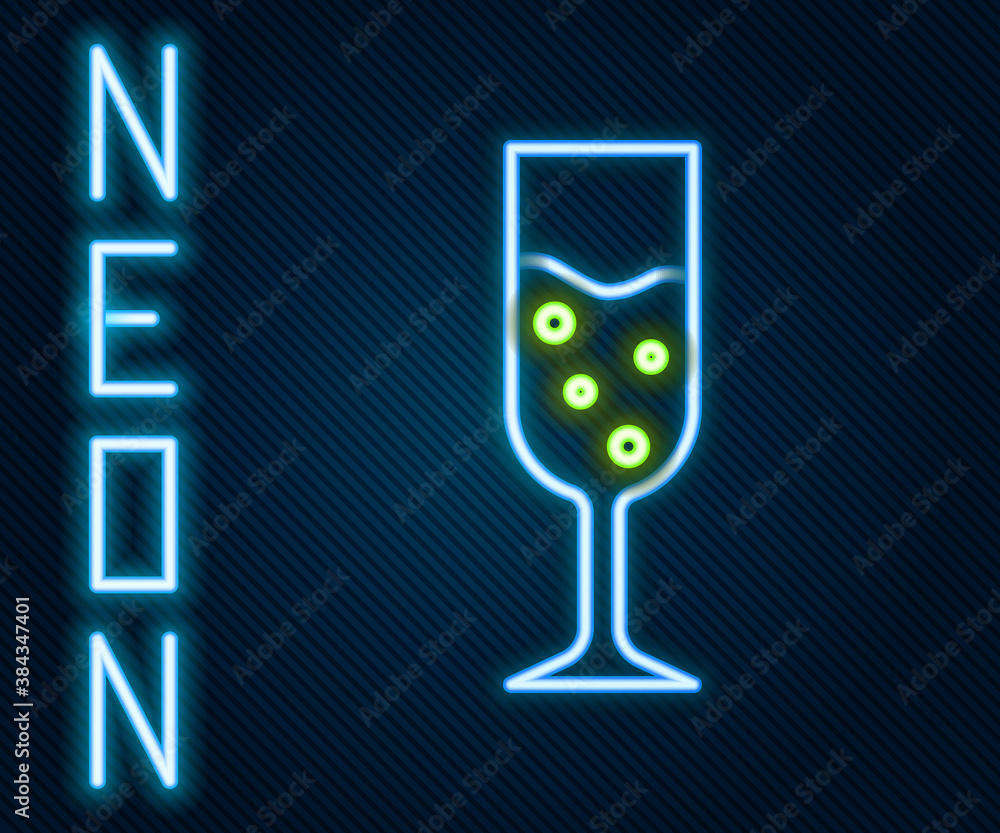 Glowing neon line Glass of champagne icon isolated on black background. Colorful outline concept. Ve