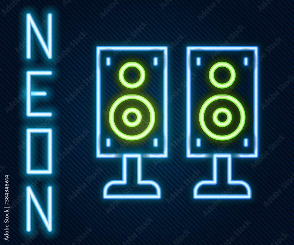 Glowing neon line Stereo speaker icon isolated on black background. Sound system speakers. Music ico