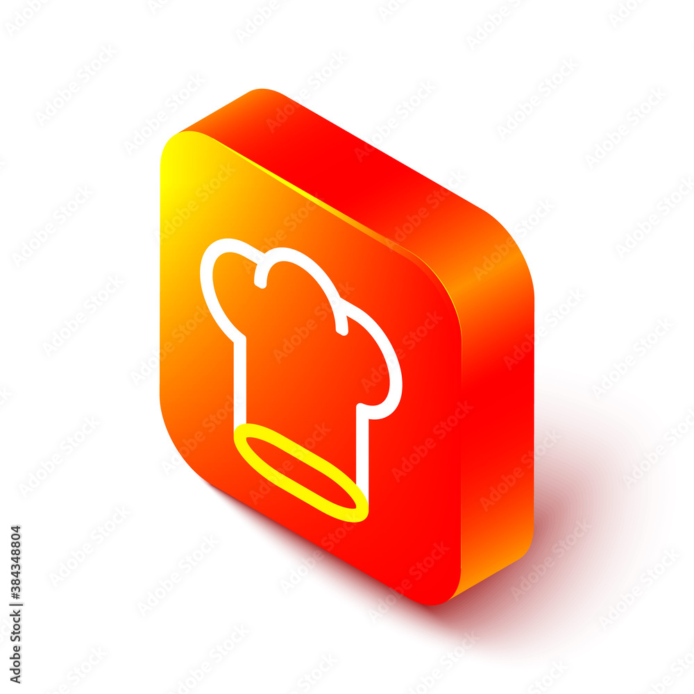 Isometric line Chef hat icon isolated on white background. Cooking symbol. Cooks hat. Orange square 