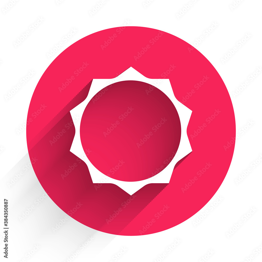 White Sun icon isolated with long shadow. Red circle button. Vector.