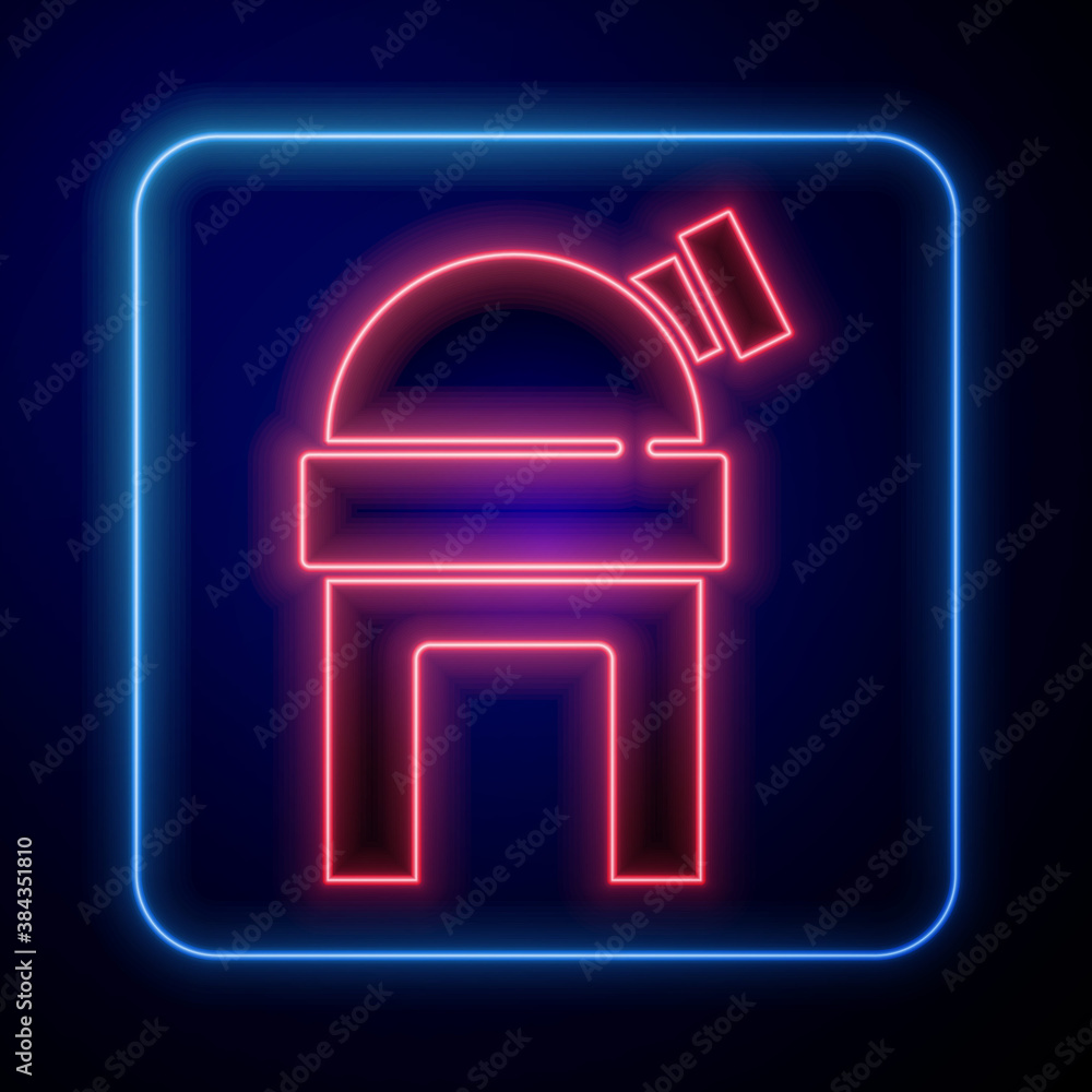 Glowing neon Astronomical observatory icon isolated on blue background. Observatory with a telescope