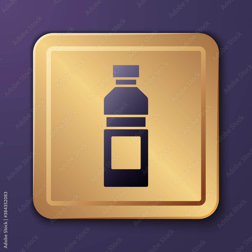 Purple Bottle of water icon isolated on purple background. Soda aqua drink sign. Gold square button.