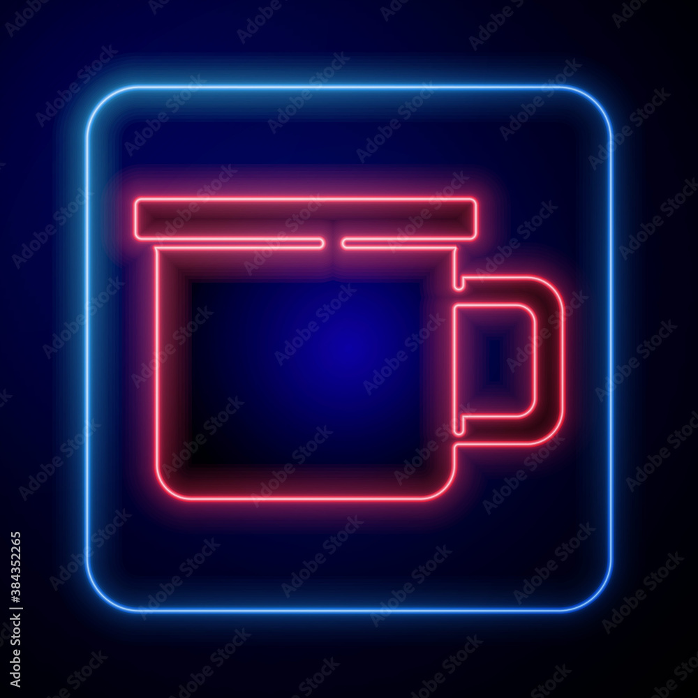 Glowing neon Camping metal mug icon isolated on blue background. Vector.