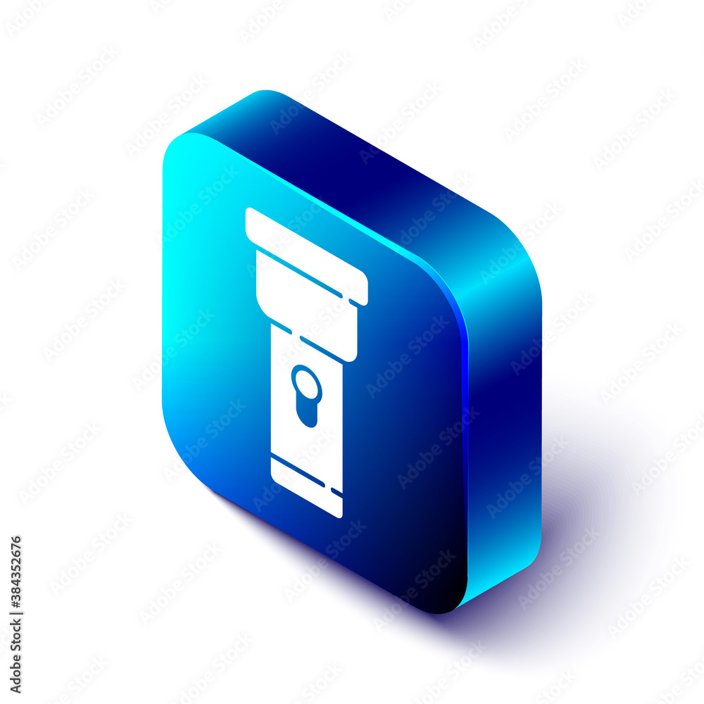 Isometric Flashlight icon isolated on white background. Blue square button. Vector.