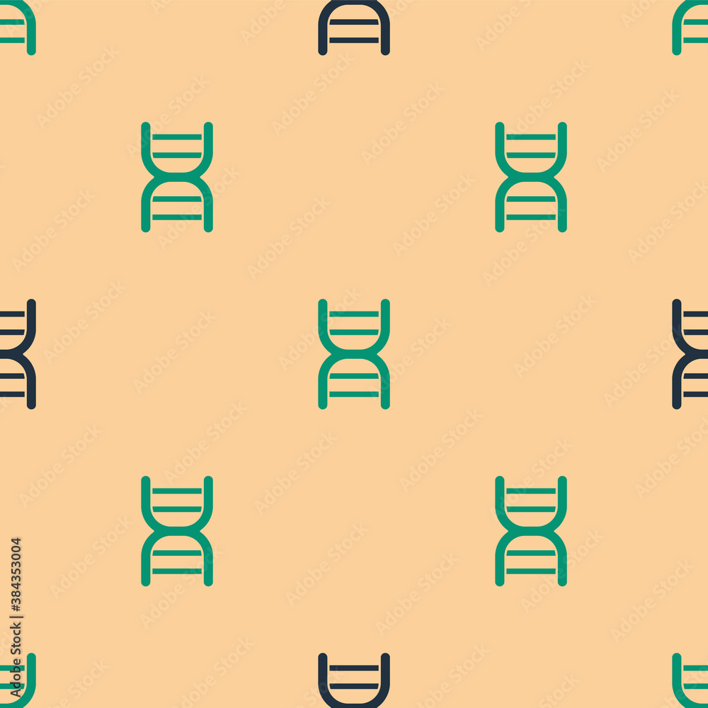 Green and black DNA symbol icon isolated seamless pattern on beige background. Vector.