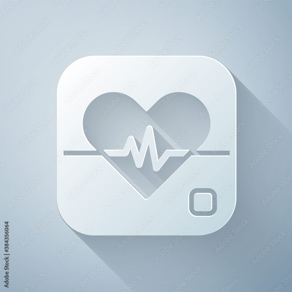 Paper cut Heart rate icon isolated on grey background. Heartbeat sign. Heart pulse icon. Cardiogram 