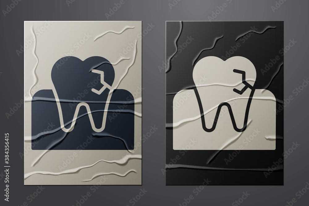 White Tooth with caries icon isolated on crumpled paper background. Tooth decay. Paper art style. Ve