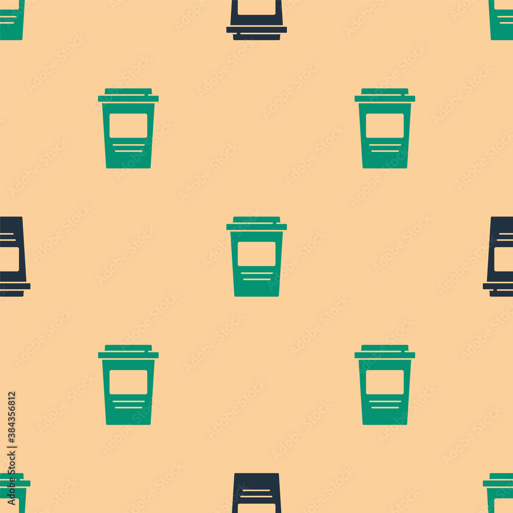 Green and black Coffee cup to go icon isolated seamless pattern on beige background. Vector.