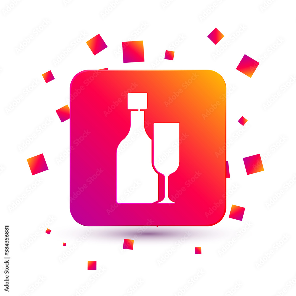 White Wine bottle with glass icon isolated on white background. Square color button. Vector.