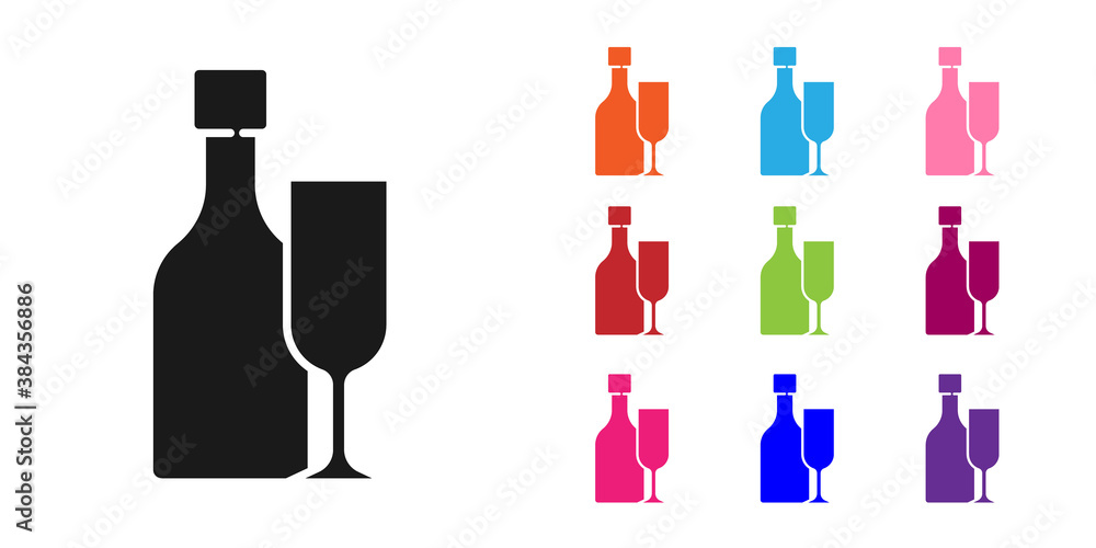 Black Wine bottle with glass icon isolated on white background. Set icons colorful. Vector.