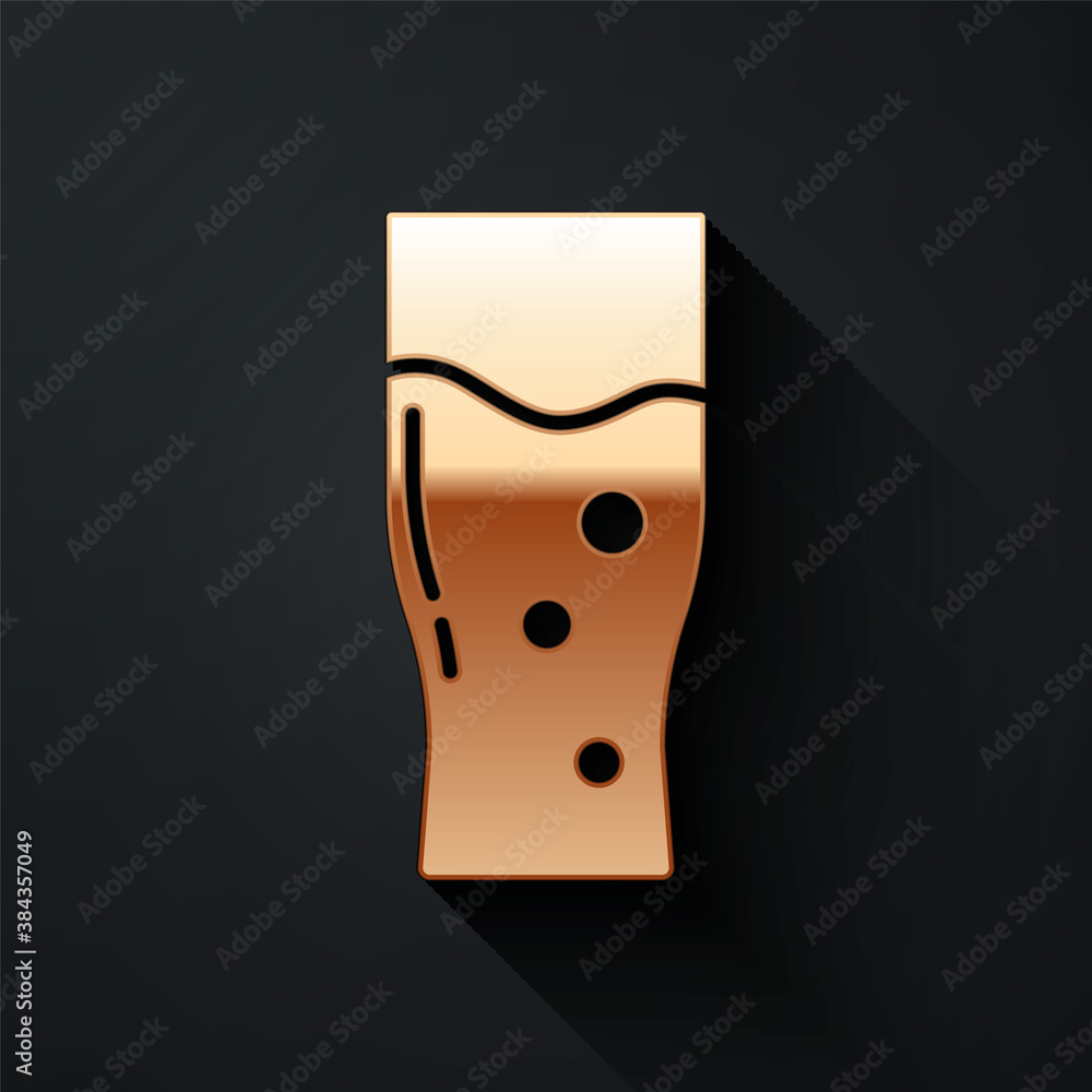 Gold Glass of beer icon isolated on black background. Long shadow style. Vector.