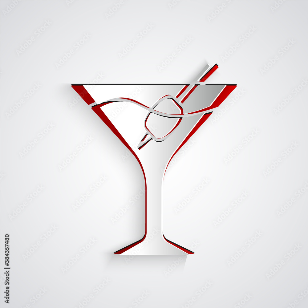 Paper cut Martini glass icon isolated on grey background. Cocktail icon. Wine glass icon. Paper art 