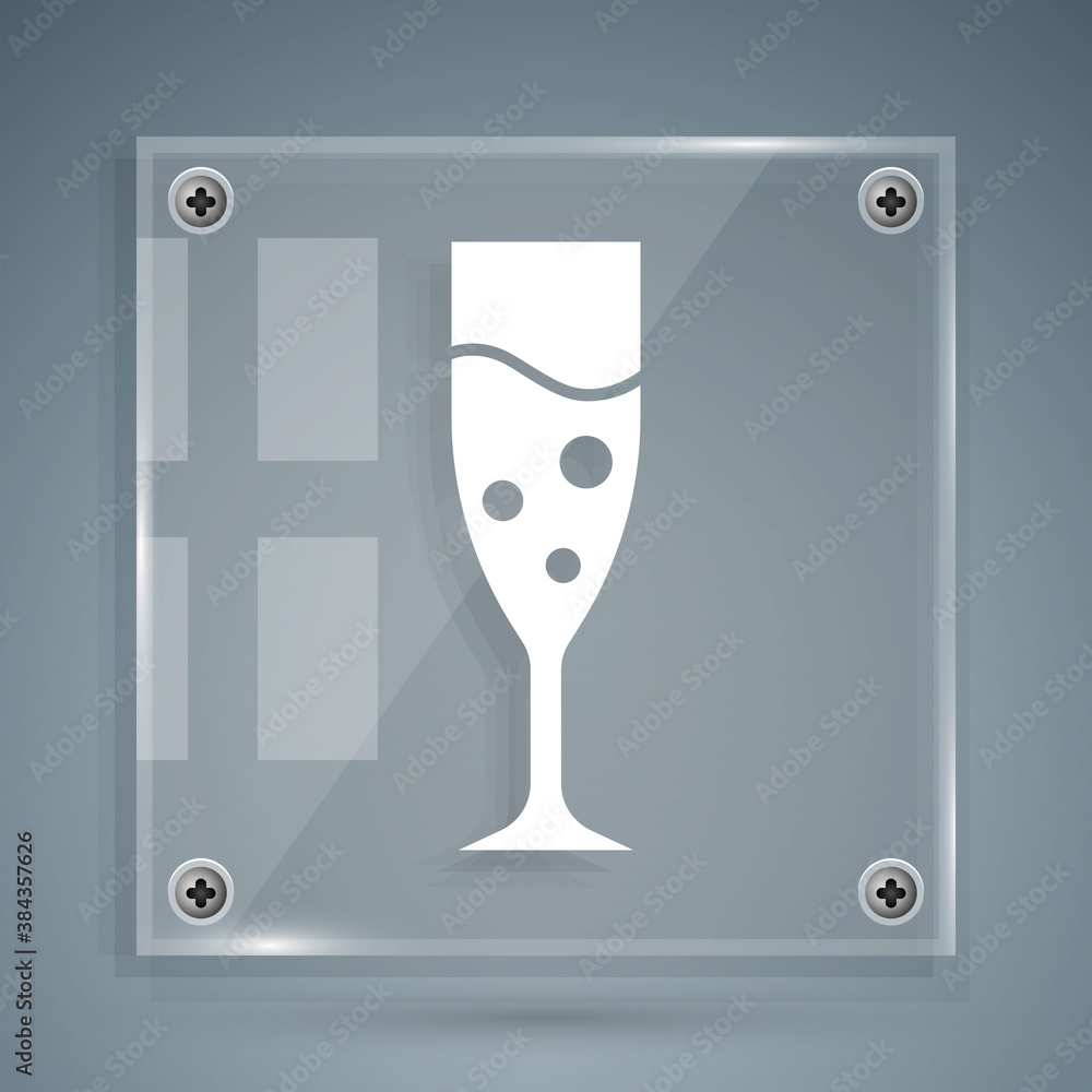 White Glass of champagne icon isolated on grey background. Square glass panels. Vector.