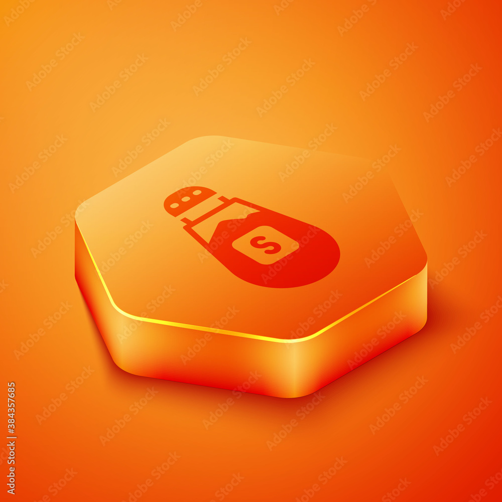 Isometric Salt icon isolated on orange background. Cooking spices. Orange hexagon button. Vector.