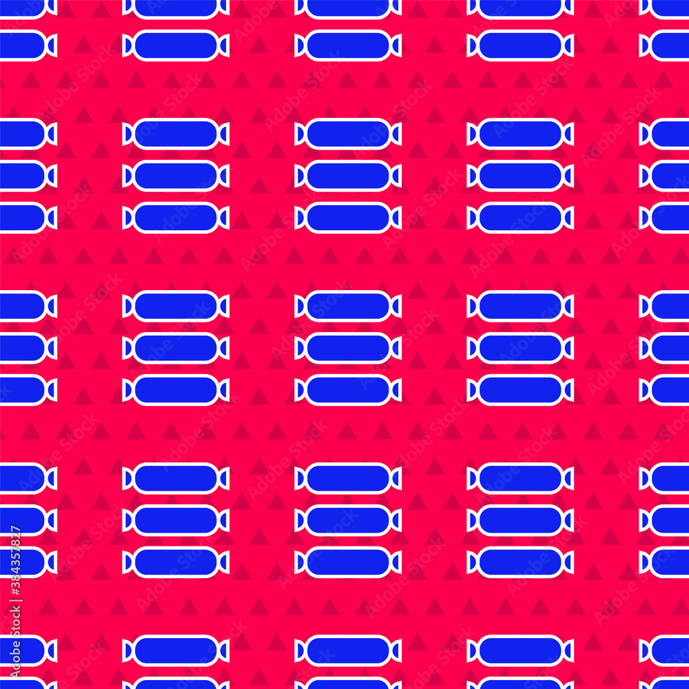 红色背景上的蓝色香肠图标隔离无缝图案。烤制香肠和香气标志。Vecto