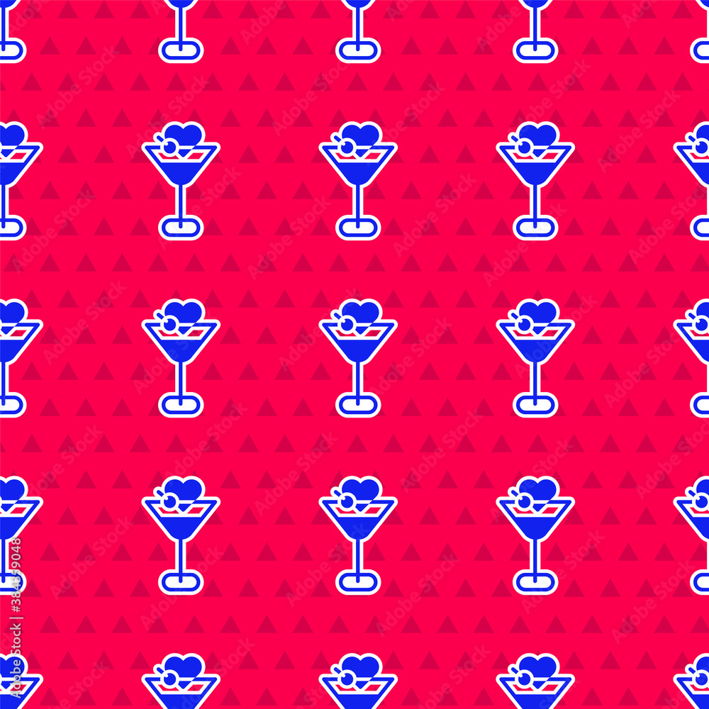 Blue Martini glass icon isolated seamless pattern on red background. Cocktail icon. Wine glass icon.