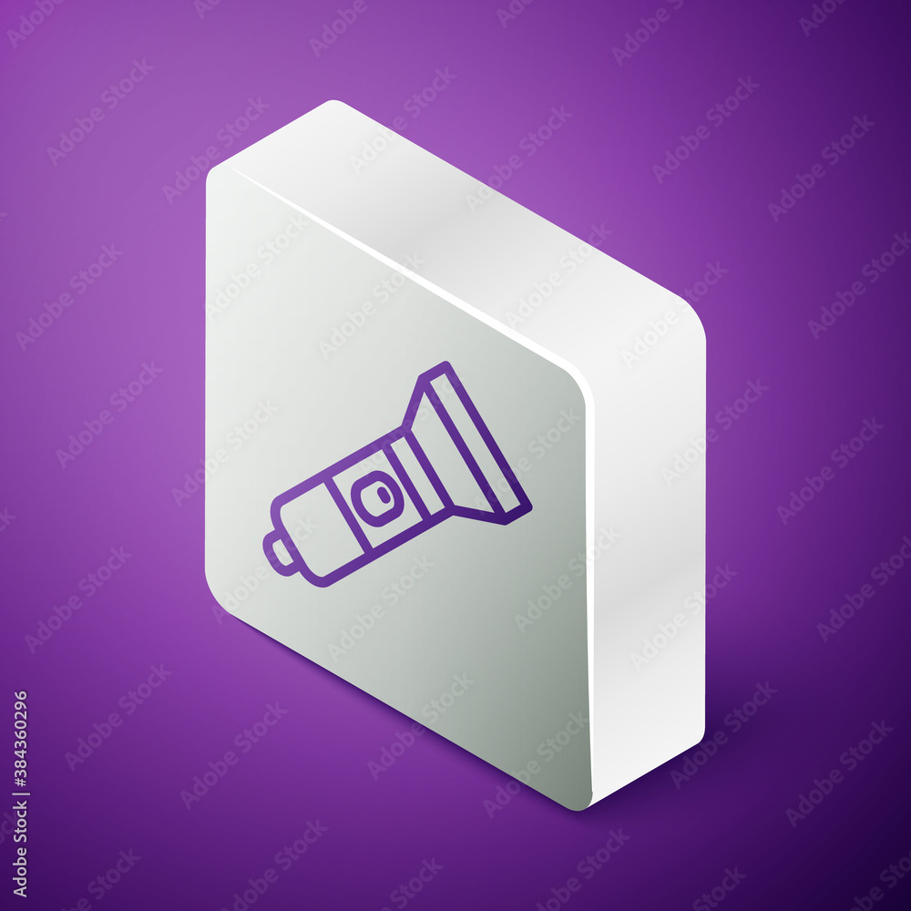 Isometric line Flashlight icon isolated on purple background. Silver square button. Vector.