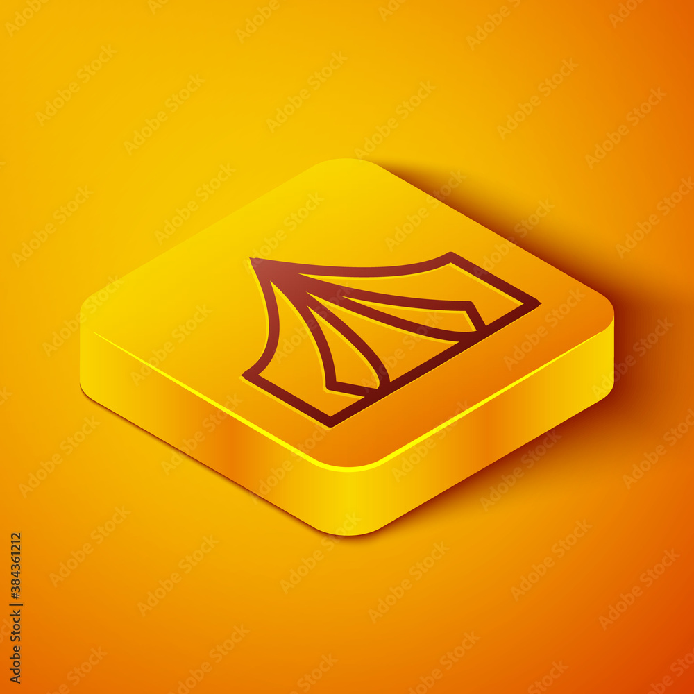 Isometric line Tourist tent icon isolated on orange background. Camping symbol. Yellow square button