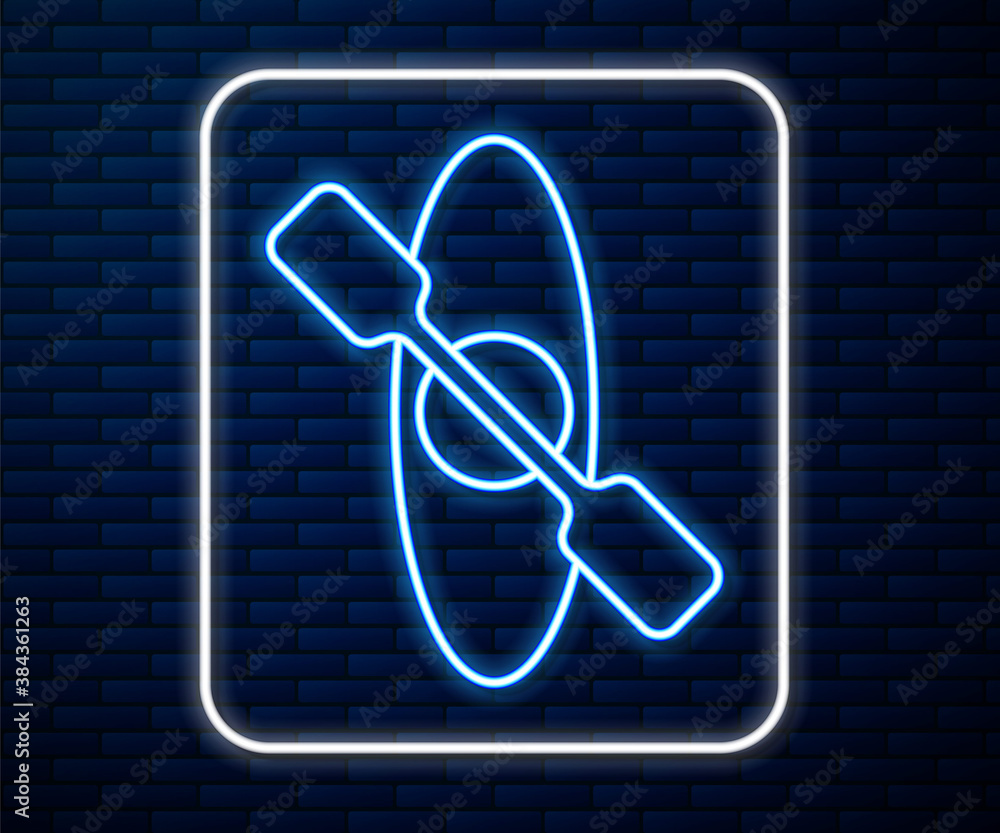 Glowing neon line Kayak and paddle icon isolated on brick wall background. Kayak and canoe for fishi