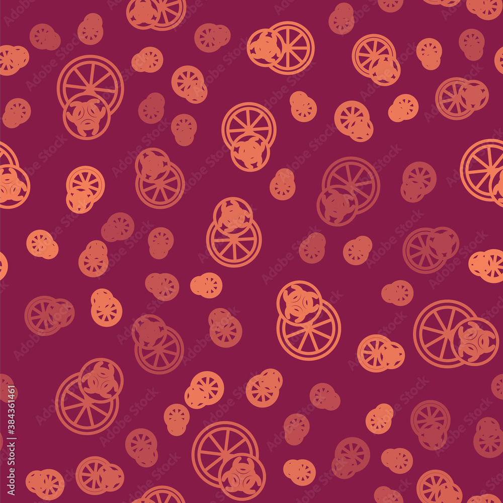 Brown line Genetically modified citrus fruit icon isolated seamless pattern on red background. Orang