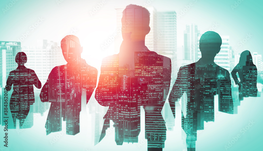 Abstract image of many business people together in group on background of city view with office buil