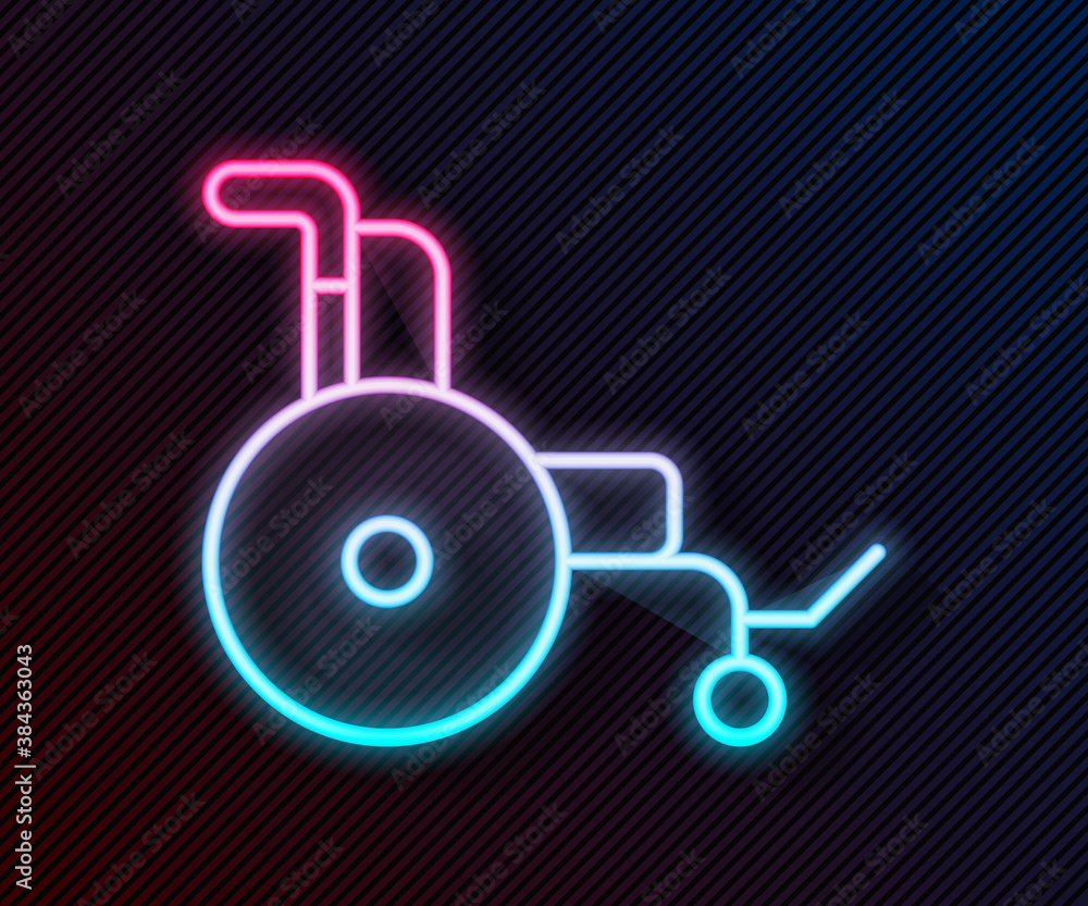 Glowing neon line Wheelchair for disabled person icon isolated on black background. Vector.