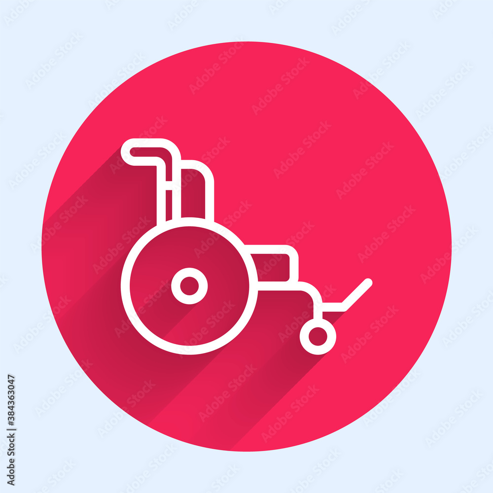 White line Wheelchair for disabled person icon isolated with long shadow. Red circle button. Vector.