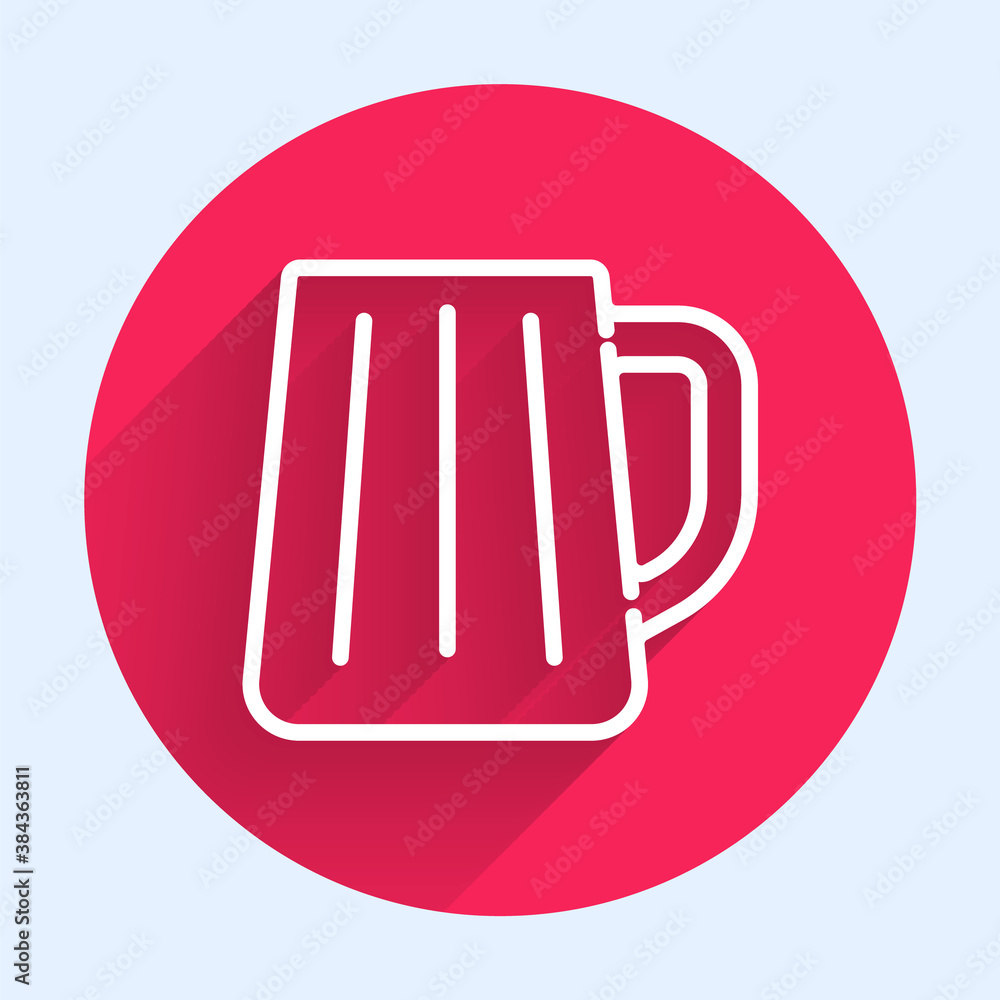 White line Wooden beer mug icon isolated with long shadow. Red circle button. Vector.