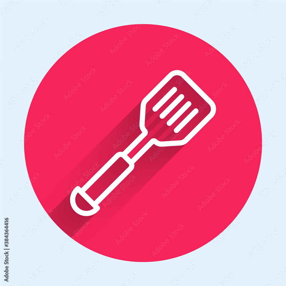 White line Spatula icon isolated with long shadow. Kitchen spatula icon. BBQ spatula sign. Barbecue 