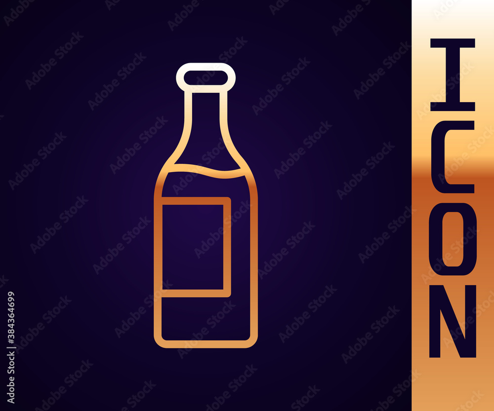 Gold line Wine bottle icon isolated on black background. Vector.