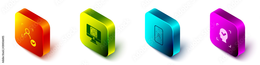 Set Isometric Face recognition, , Mobile and face and icon. Vector.