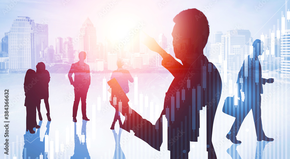 Abstract image of many business people together in group on background of city view with office buil