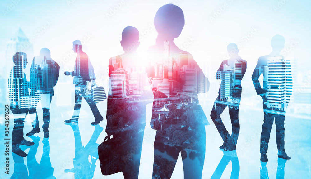 Abstract image of many business people together in group on background of city view with office buil