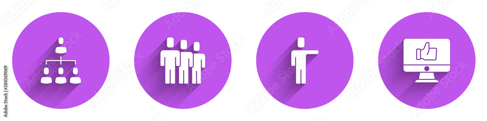 Set Hierarchy organogram chart, Users group, Head hunting and Hand like icon with long shadow. Vecto