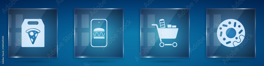 Set Online ordering pizza delivery, and, Shopping cart food and Donut. Square glass panels. Vector.