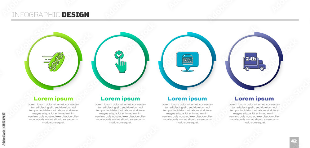 Set Online ordering hotdog, and delivery, burger and Fast by car. Business infographic template. Vec