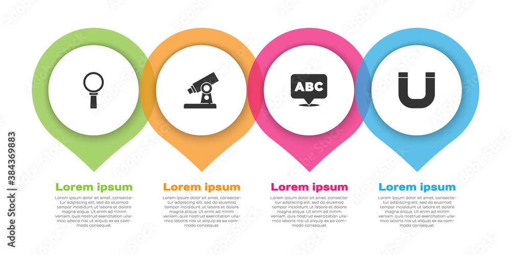 Set Magnifying glass, Microscope, Alphabet and Magnet. Business infographic template. Vector.