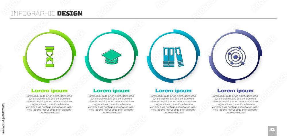 Set Old hourglass with sand, Graduation cap, Office folders and Solar system. Business infographic t