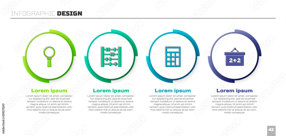 Set Magnifying glass, Abacus, Calculator and Chalkboard. Business infographic template. Vector.