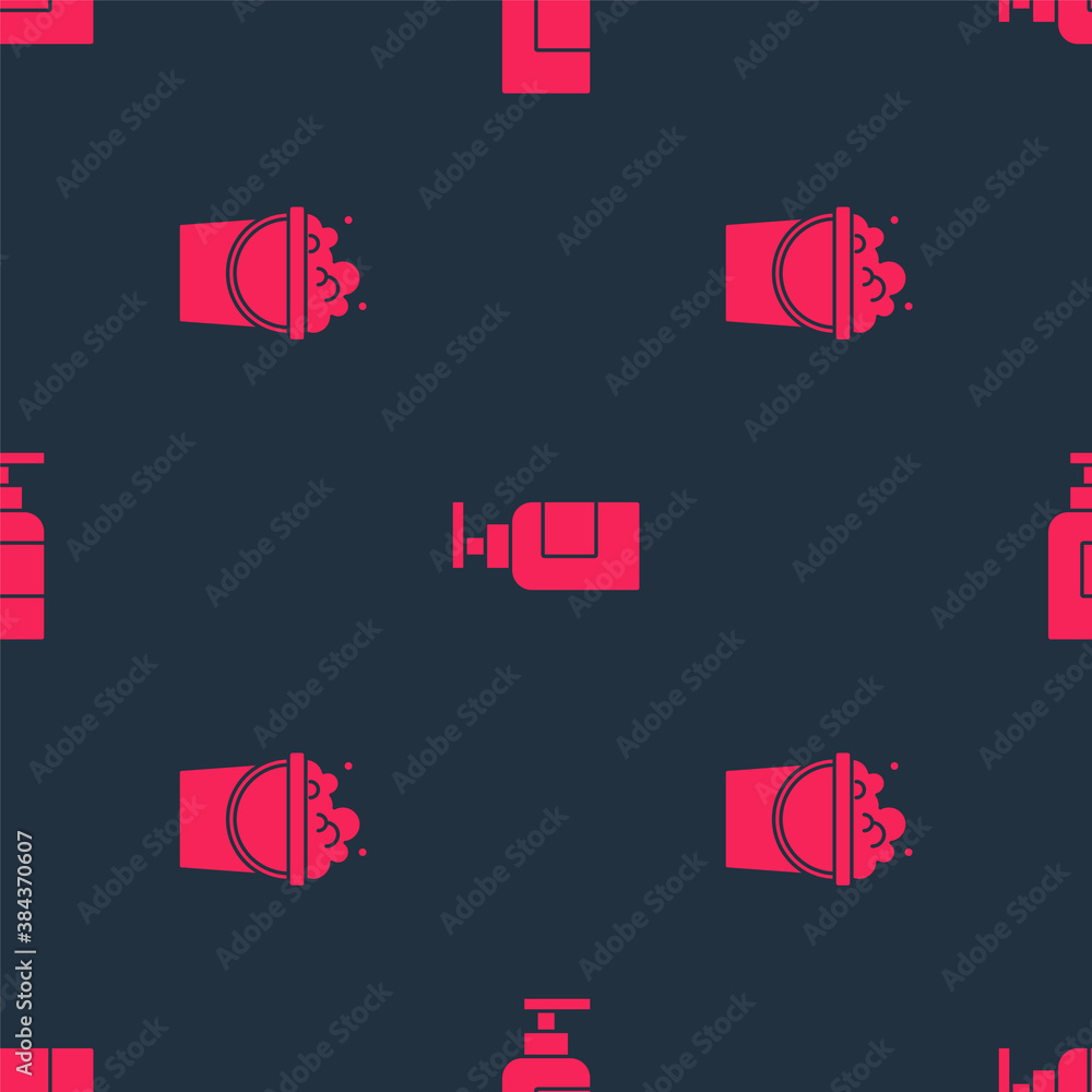 Set Bucket with soap suds and Bottle of shampoo on seamless pattern. Vector.