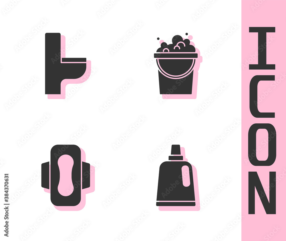 Set Bottle for cleaning agent, Toilet bowl, Sanitary napkin and Bucket with soap suds icon. Vector.