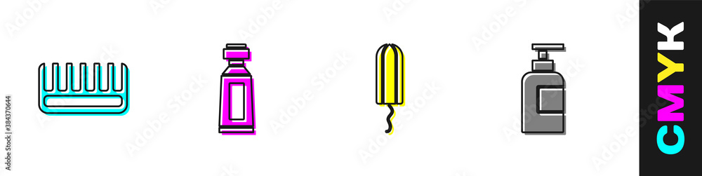 Set Hairbrush, Tube of toothpaste, Sanitary tampon and Bottle shampoo icon. Vector.