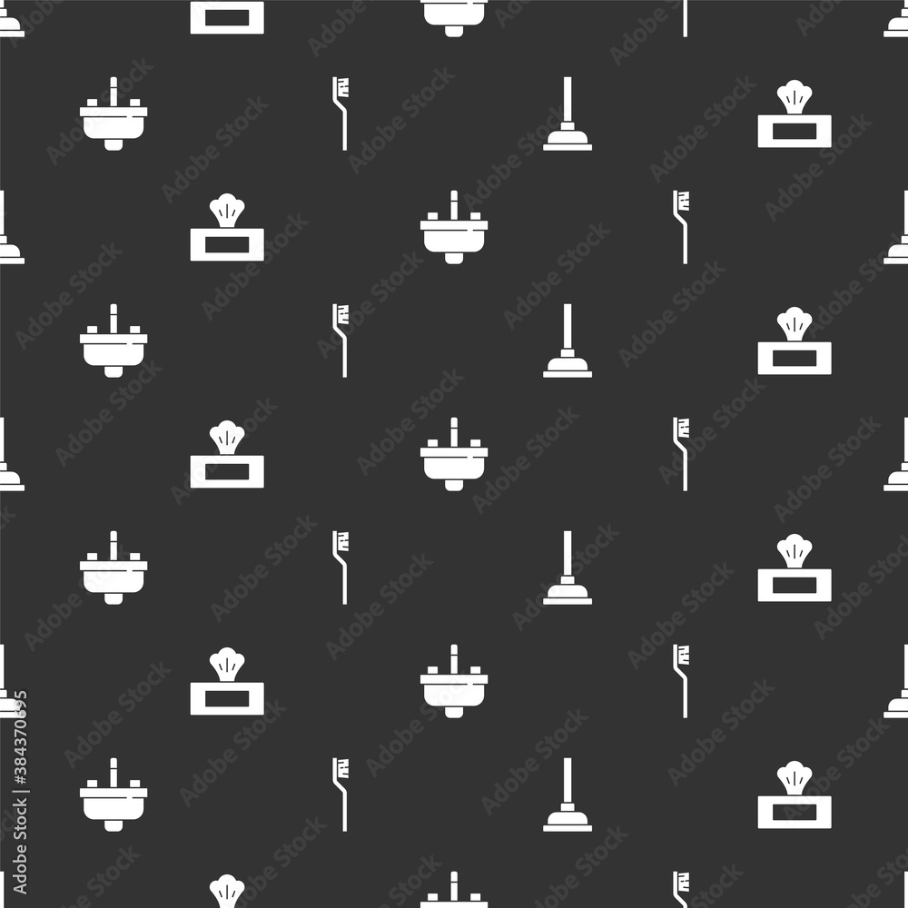 Set Rubber plunger, Wet wipe pack, Washbasin with water tap and Toothbrush on seamless pattern. Vect