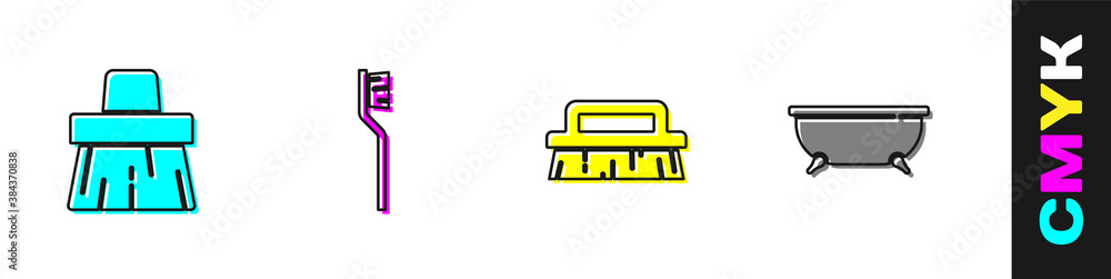 Set Handle broom, Toothbrush, Brush for cleaning and Bathtub icon. Vector.