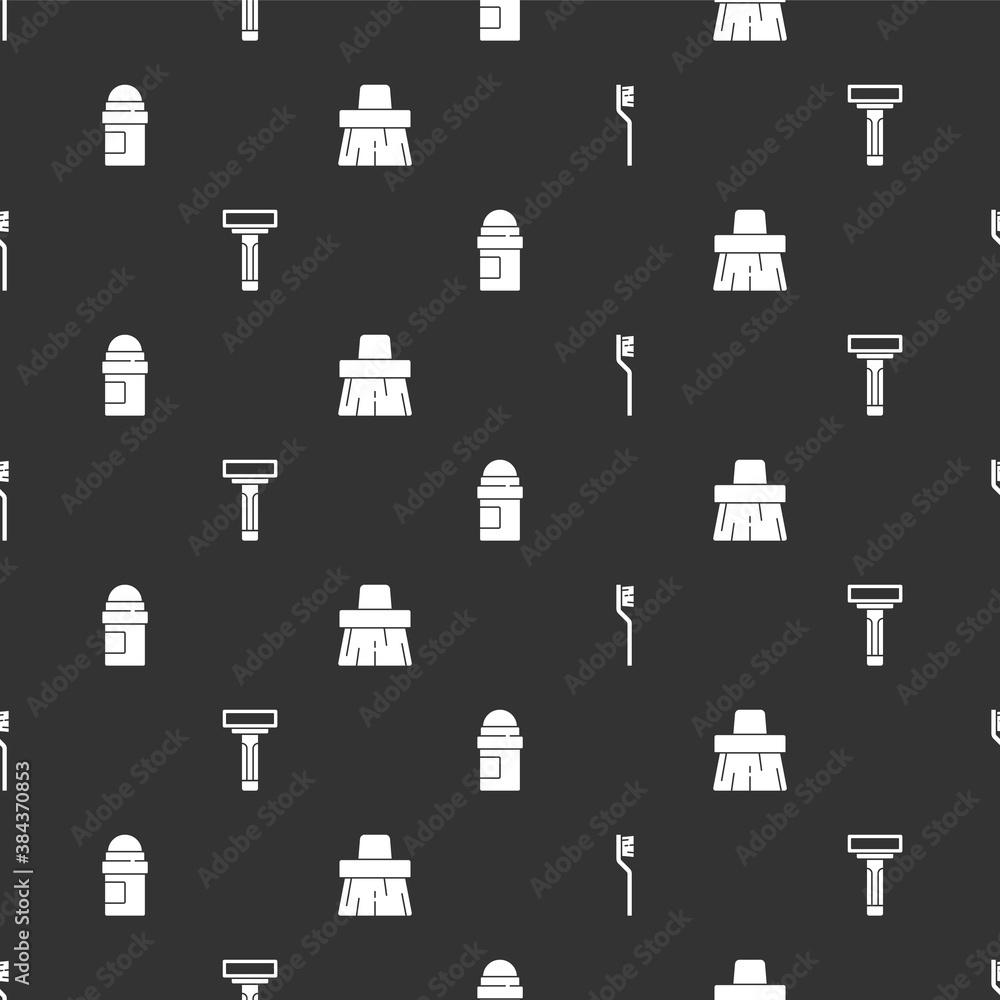 Set Toothbrush, Shaving razor, Antiperspirant deodorant roll and Handle broom on seamless pattern. V