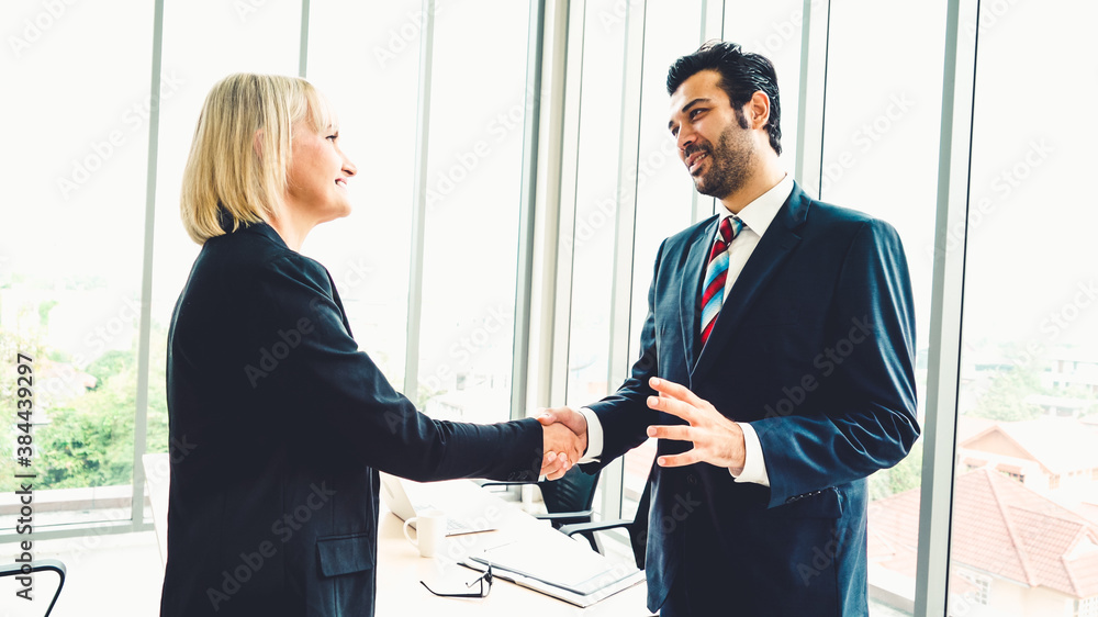 Business people handshake in corporate office showing professional agreement on a financial deal con