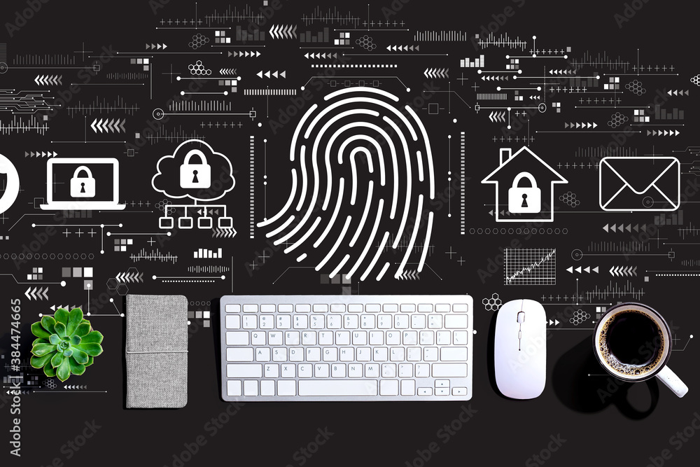 Fingerprint scanning theme with a computer keyboard and a mouse